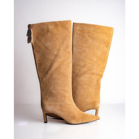 Zara Womens Knee High Boots Wide Shaft Split Leather Dark Tan US 11 EU 42 NWT - Picture 3 of 10